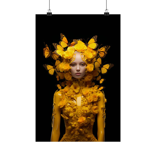 Surreal portrait of a figure adorned with yellow roses and butterflies against a black background.