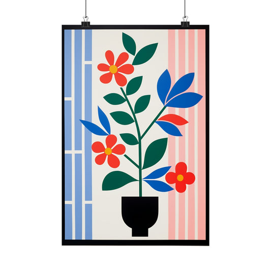 Colorful floral illustration in a minimalist style, depicting a potted plant with red flowers and blue leaves.