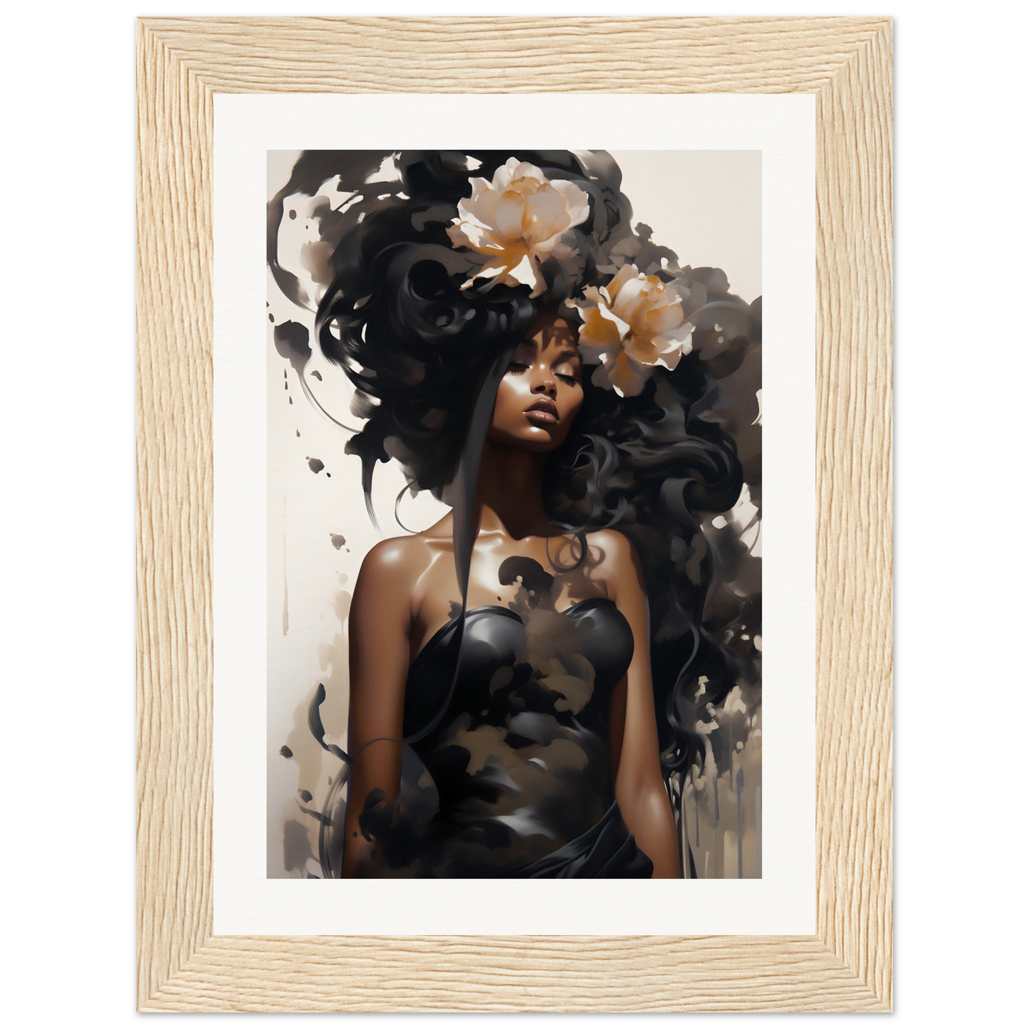 Framed artwork depicting a woman with elaborate floral hair and a dark dress.