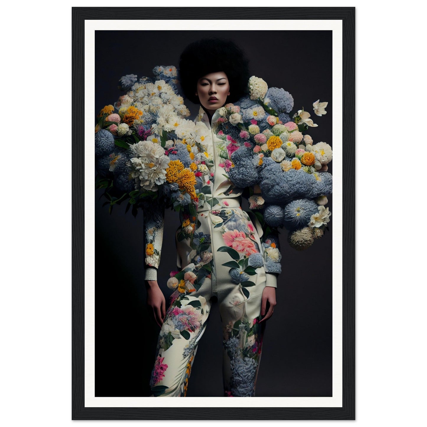 Woman wearing a floral bodysuit surrounded by colorful pom-pom-like flowers and textures.