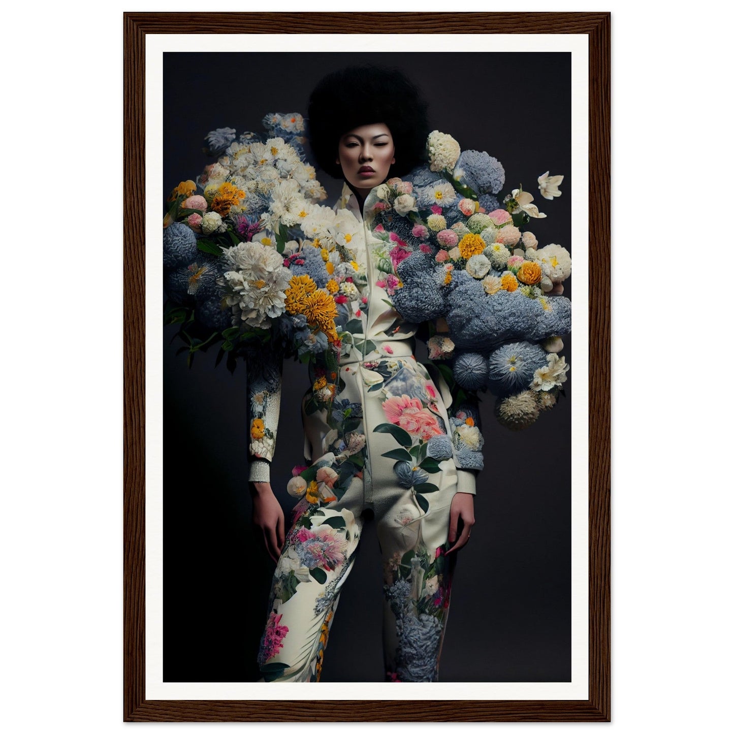 A person wearing a floral bodysuit surrounded by colorful pom-pom-like flowers and textures.