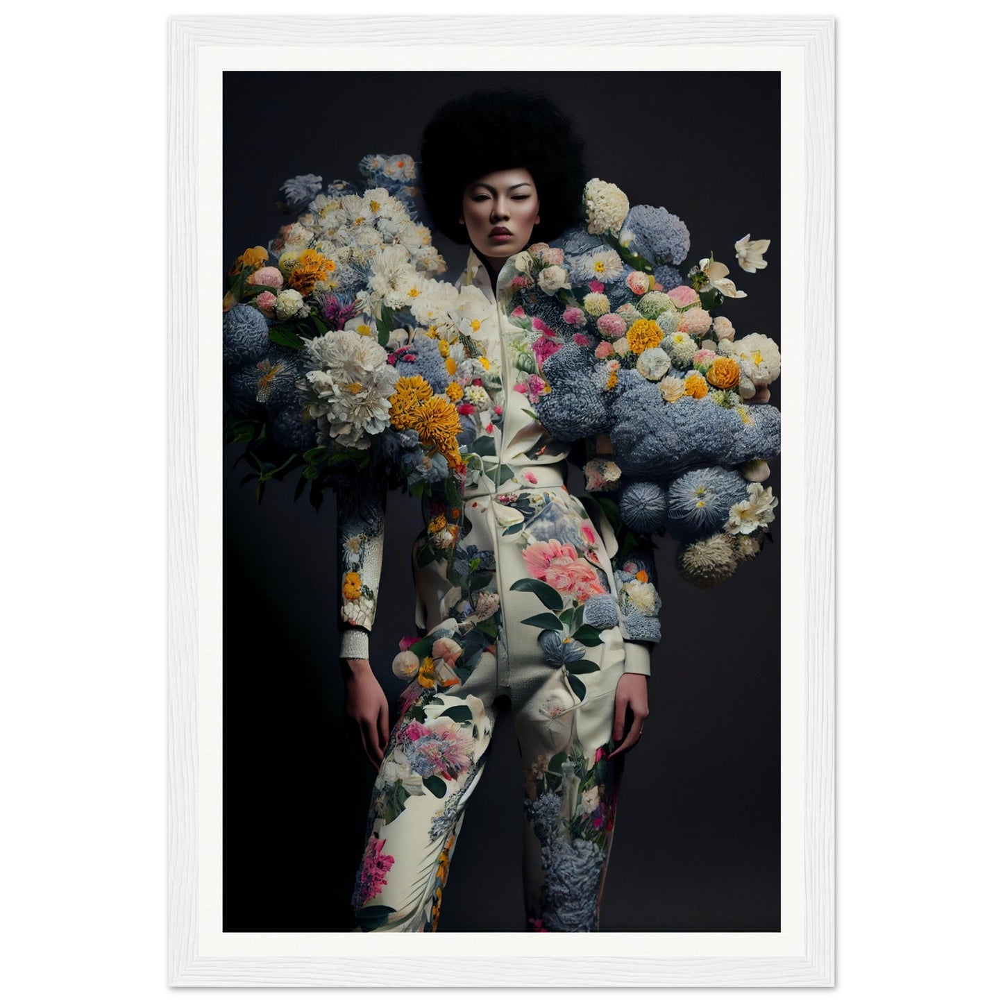 Woman wearing a floral bodysuit surrounded by colorful pom-pom-like flowers and textures.