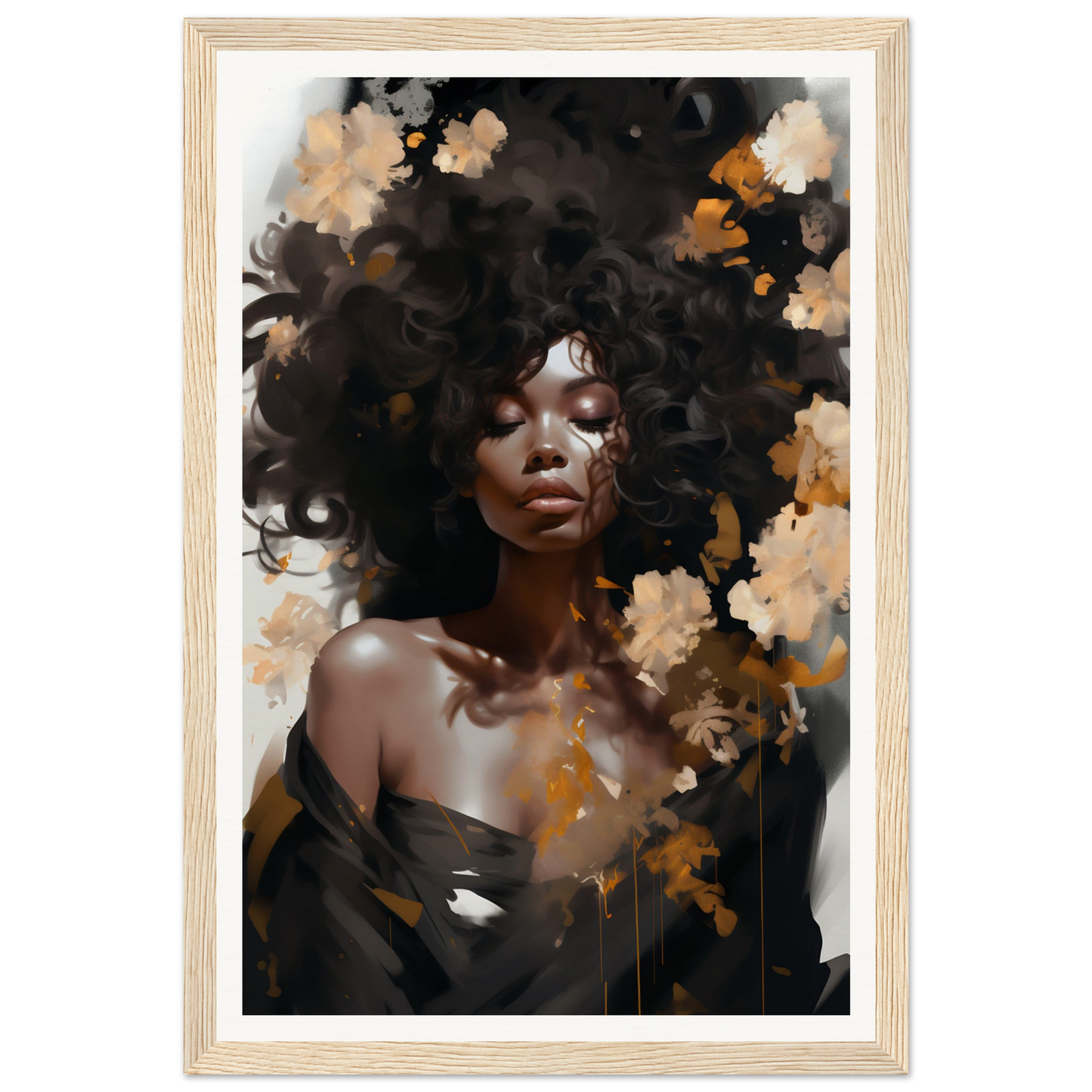 Portrait of a woman with voluminous natural hair adorned with flowers.