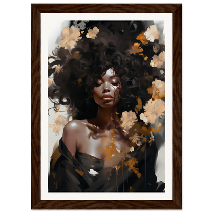 Portrait of a woman with voluminous natural hair surrounded by abstract floral elements.