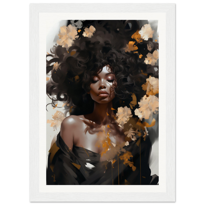 Portrait of a woman with voluminous dark hair surrounded by abstract floral elements.