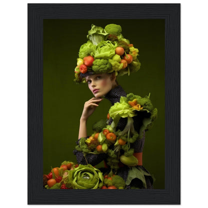 Artistic portrait featuring a person adorned with an elaborate headdress and outfit made of various vegetables and fruits.