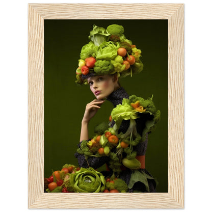 Woman wearing an elaborate costume and headdress made of vegetables and fruits.