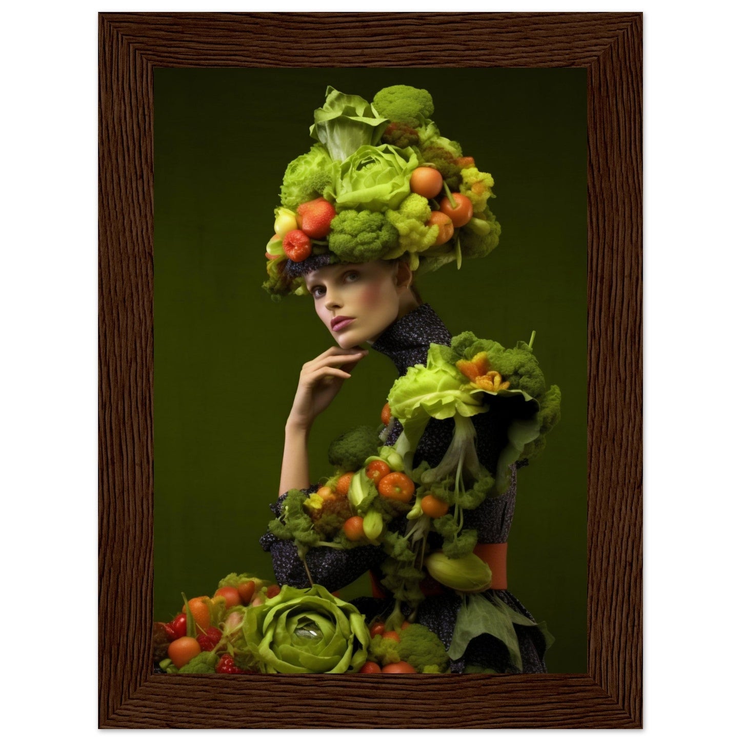 Artistic portrait featuring a person adorned with an elaborate headdress and outfit made entirely of fresh vegetables and fruits.