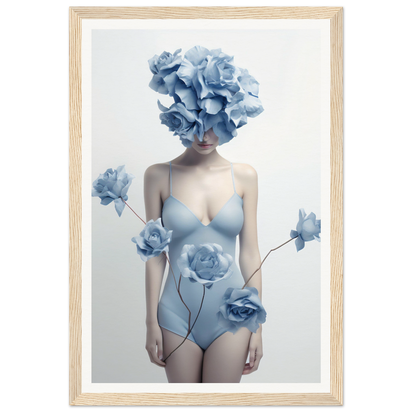 A woman in the Blue Simple Love The Oracle Windows™ Collection bodysuit, adorned with flowers on her head, transformed into an AI-generated art poster that can instantly transform your space.