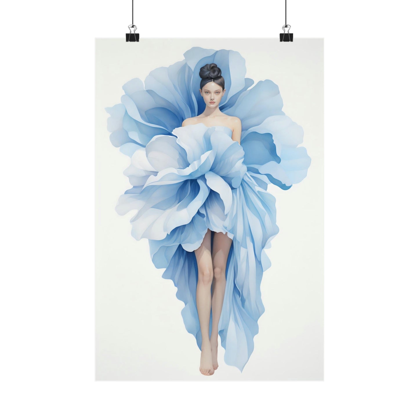 Woman wearing an elaborate light blue dress resembling a giant flower petal.