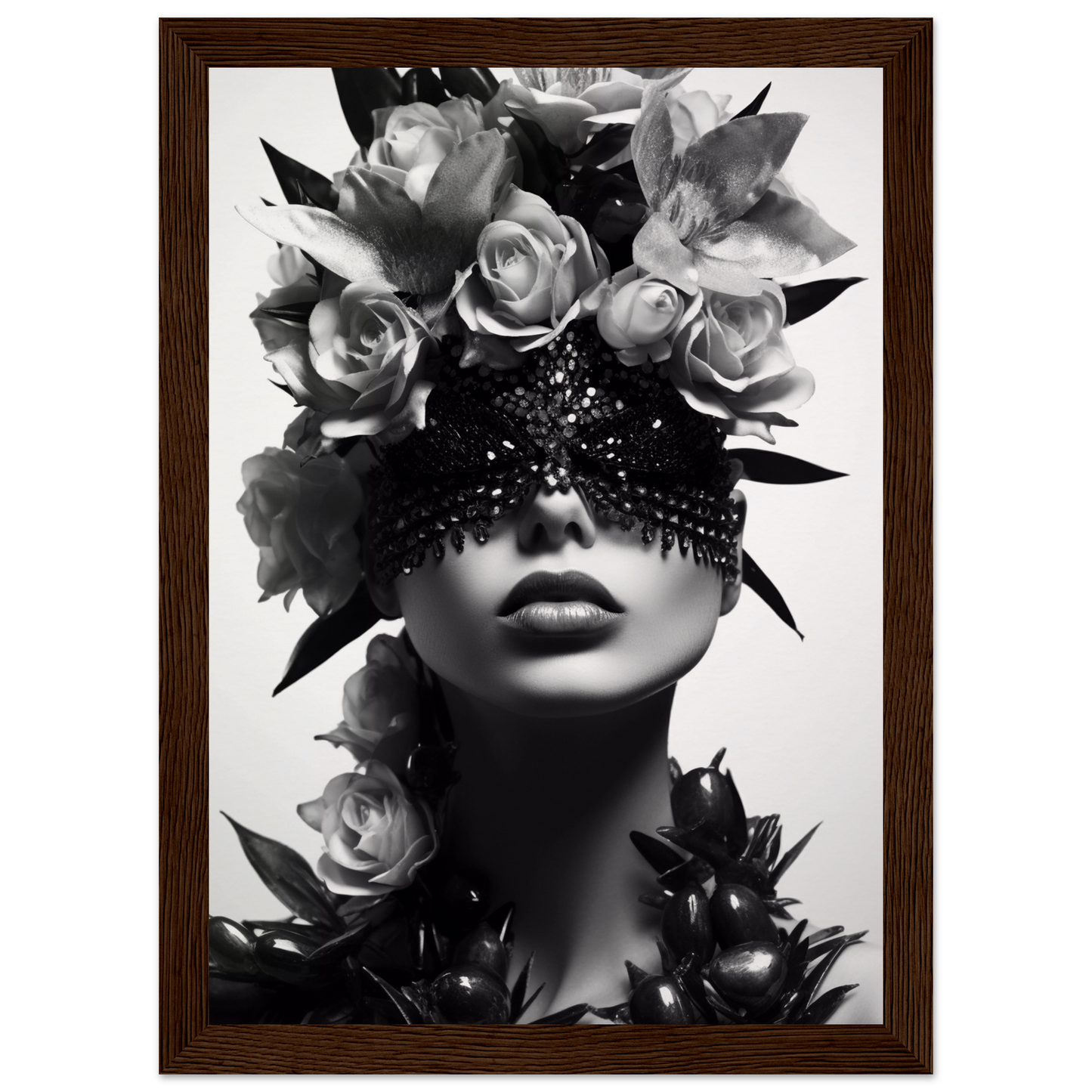 Artistic black and white portrait featuring a figure adorned with roses and an ornate eye covering.