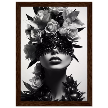 Artistic black and white portrait featuring a figure adorned with roses and an ornate eye covering.