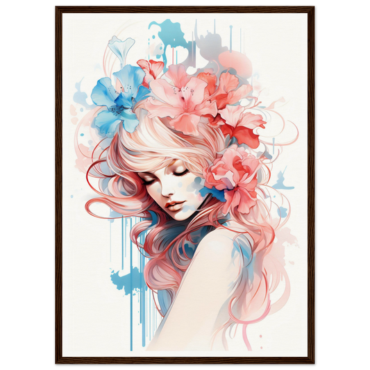 Artistic portrait of a woman with flowing pink hair adorned with floral elements in watercolor style.