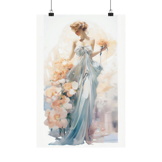 Elegant woman in a flowing pale blue gown holding a bouquet, painted in a soft watercolor style.