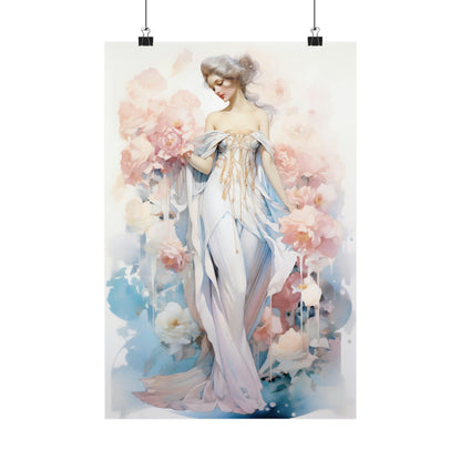 Elegant woman in a flowing white dress surrounded by soft, watercolor-style floral elements.