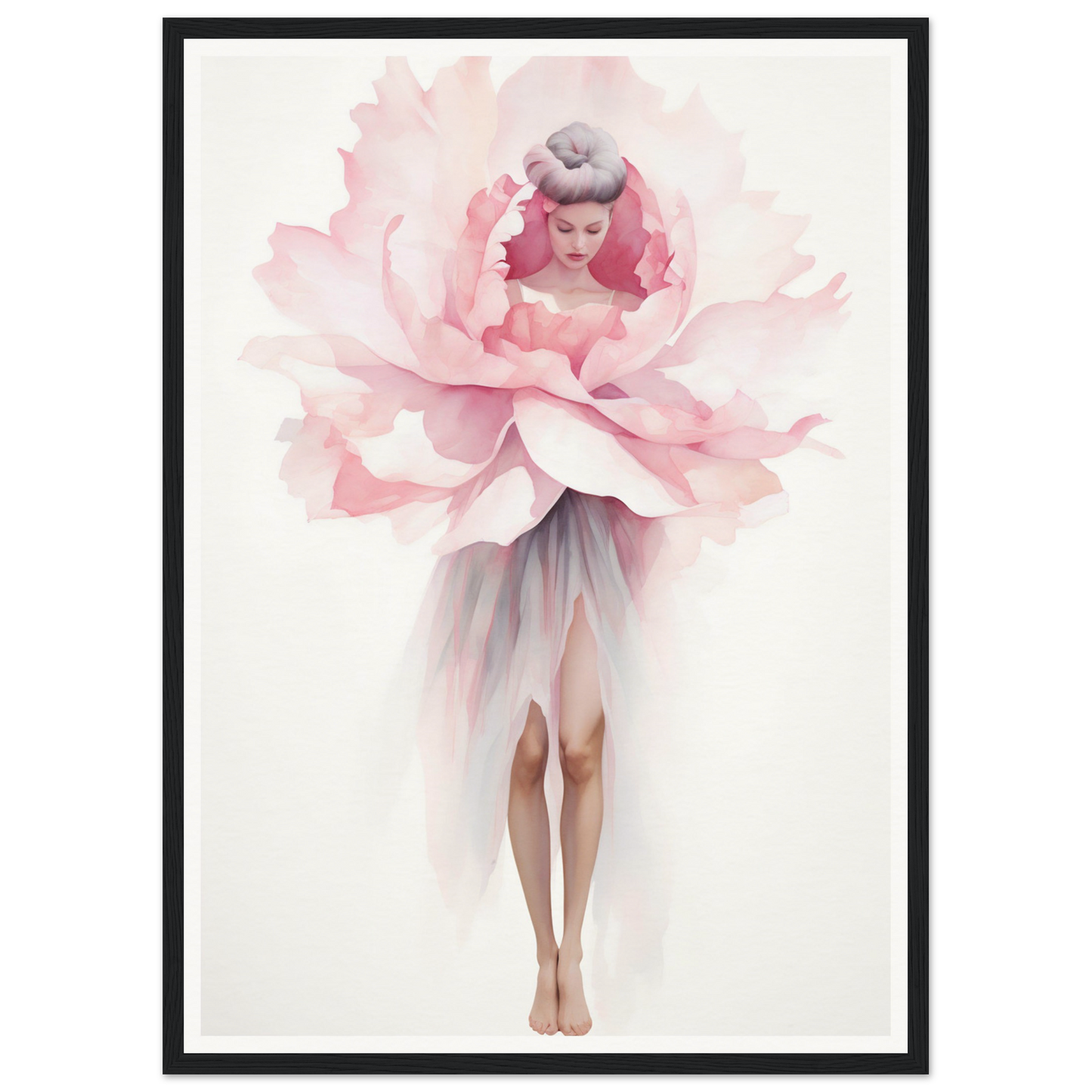 Surrealistic figure with a woman’s legs and a giant pink peony bloom as the upper body.