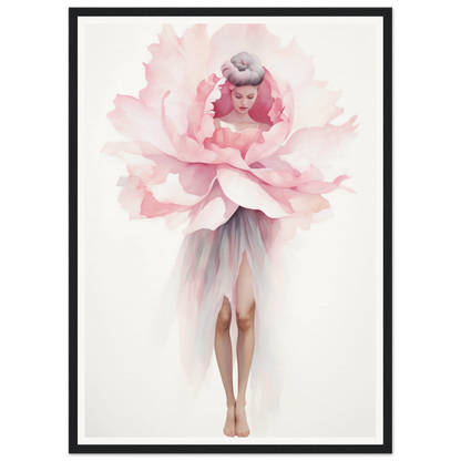 Surrealistic figure with a woman’s legs and a giant pink peony bloom as the upper body.