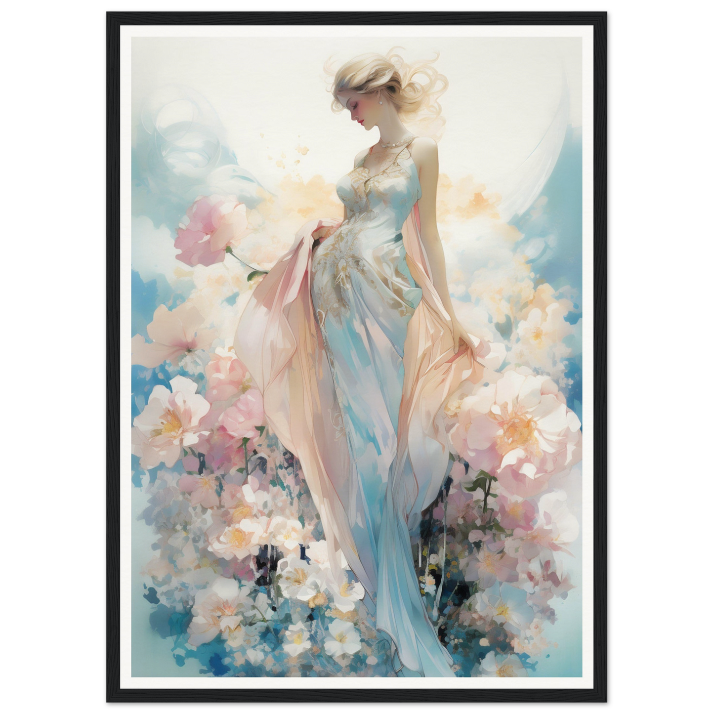 Impressionistic painting of a woman in a flowing dress surrounded by flowers.