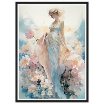 Impressionistic painting of a woman in a flowing dress surrounded by flowers.