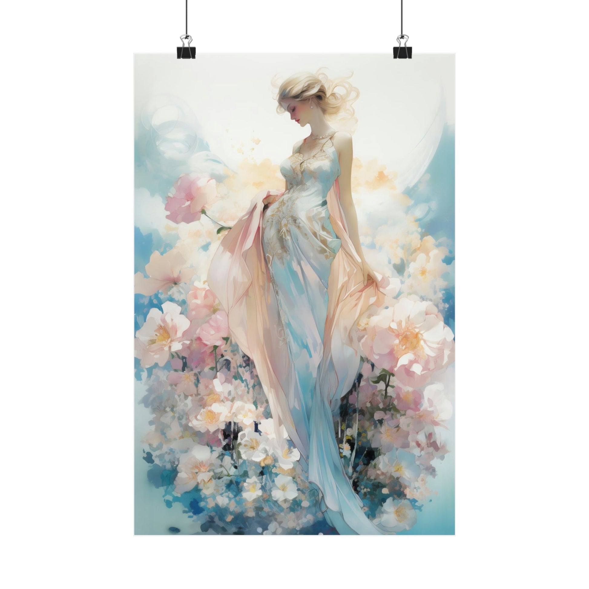 Ethereal female figure in a flowing dress surrounded by soft, pastel-colored flowers.