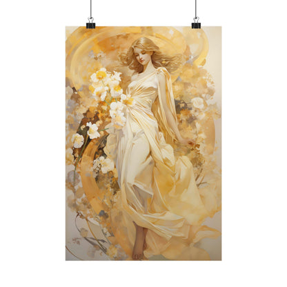 Ethereal painting of a woman in flowing white dress holding white flowers.