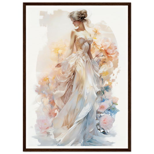 Elegant painting of a woman in a flowing white gown surrounded by soft, pastel-colored floral elements.