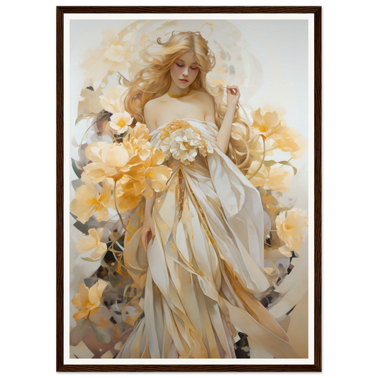 Ethereal painting of a woman in a flowing white dress surrounded by golden flowers.