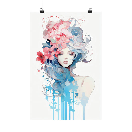 Watercolor-style portrait of a woman with flowing blue hair and floral elements.