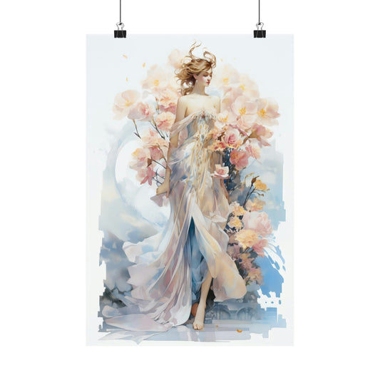 Ethereal watercolor painting of a graceful female figure surrounded by delicate flowers.