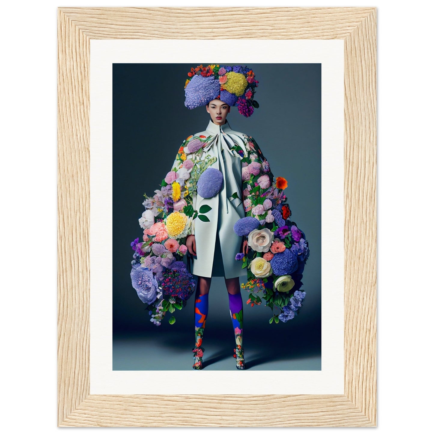 Colorful floral-adorned figure in an avant-garde fashion ensemble.