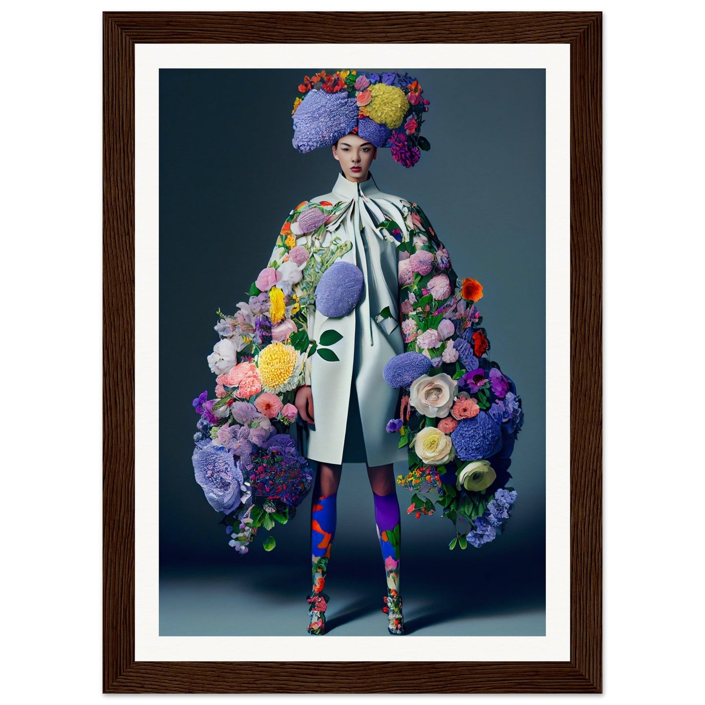 Elaborately dressed figure adorned with vibrant floral arrangements from head to toe.