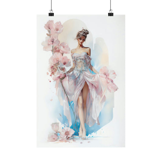 Elegant watercolor painting of a woman in a flowing dress surrounded by delicate pink flowers.