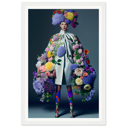 Elaborately dressed figure adorned with vibrant floral arrangements from head to toe.