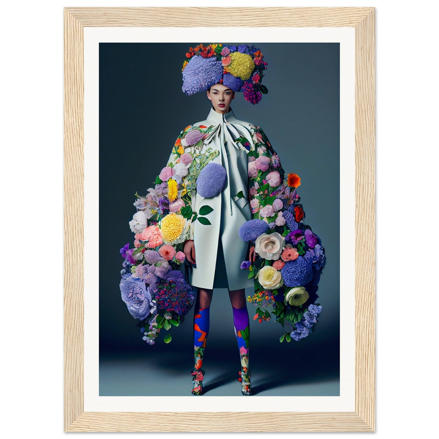 Elaborately costumed figure adorned with vibrant floral arrangements from head to toe.