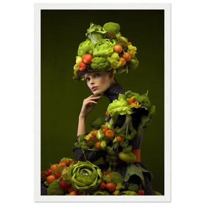 Woman wearing an elaborate headdress and dress made of various fruits and vegetables.