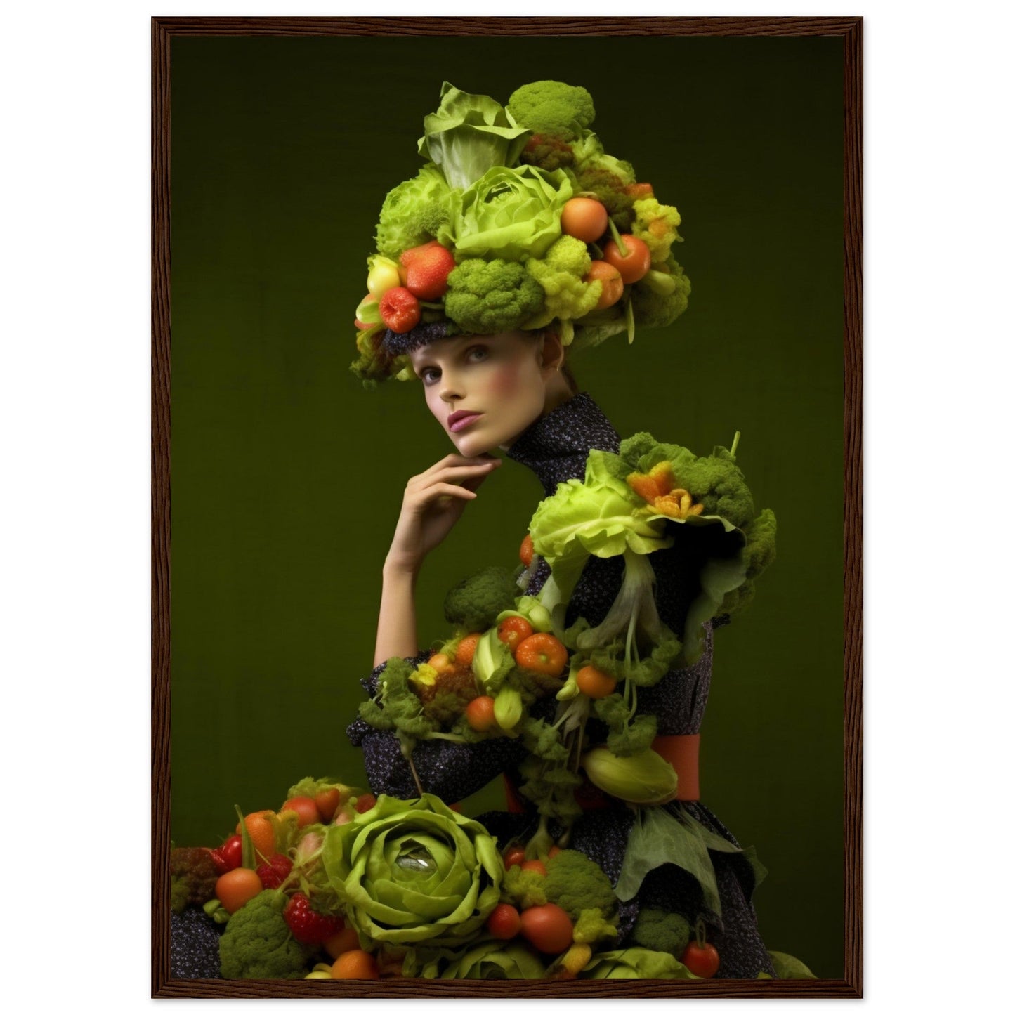 Artistic portrait featuring a person adorned with an elaborate headdress and outfit made entirely of vibrant fruits and vegetables.