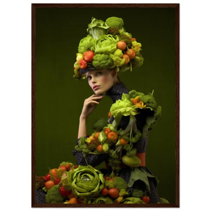 Artistic portrait featuring a person adorned with an elaborate headdress and outfit made entirely of vibrant fruits and vegetables.