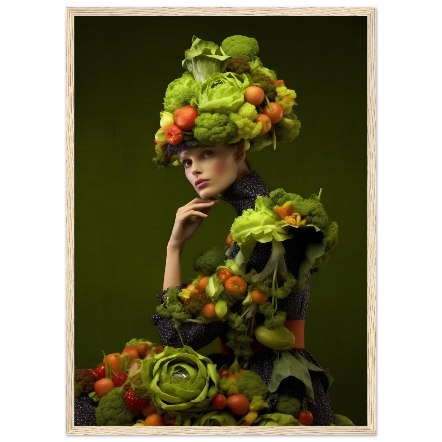 Elaborate headdress and dress made entirely of fresh vegetables and fruits.