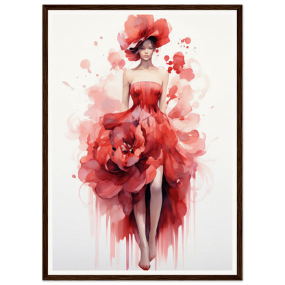 Stylized watercolor painting of a woman wearing a flowing red dress resembling a rose.