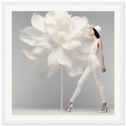 A woman is standing next to a large White On White On White The Oracle Windows™ Collection flower, creating an ai generated art poster for my wall.