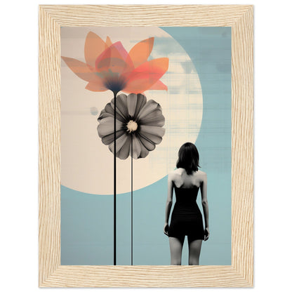 Silhouette of a woman standing in front of stylized floral shapes and a circular form.