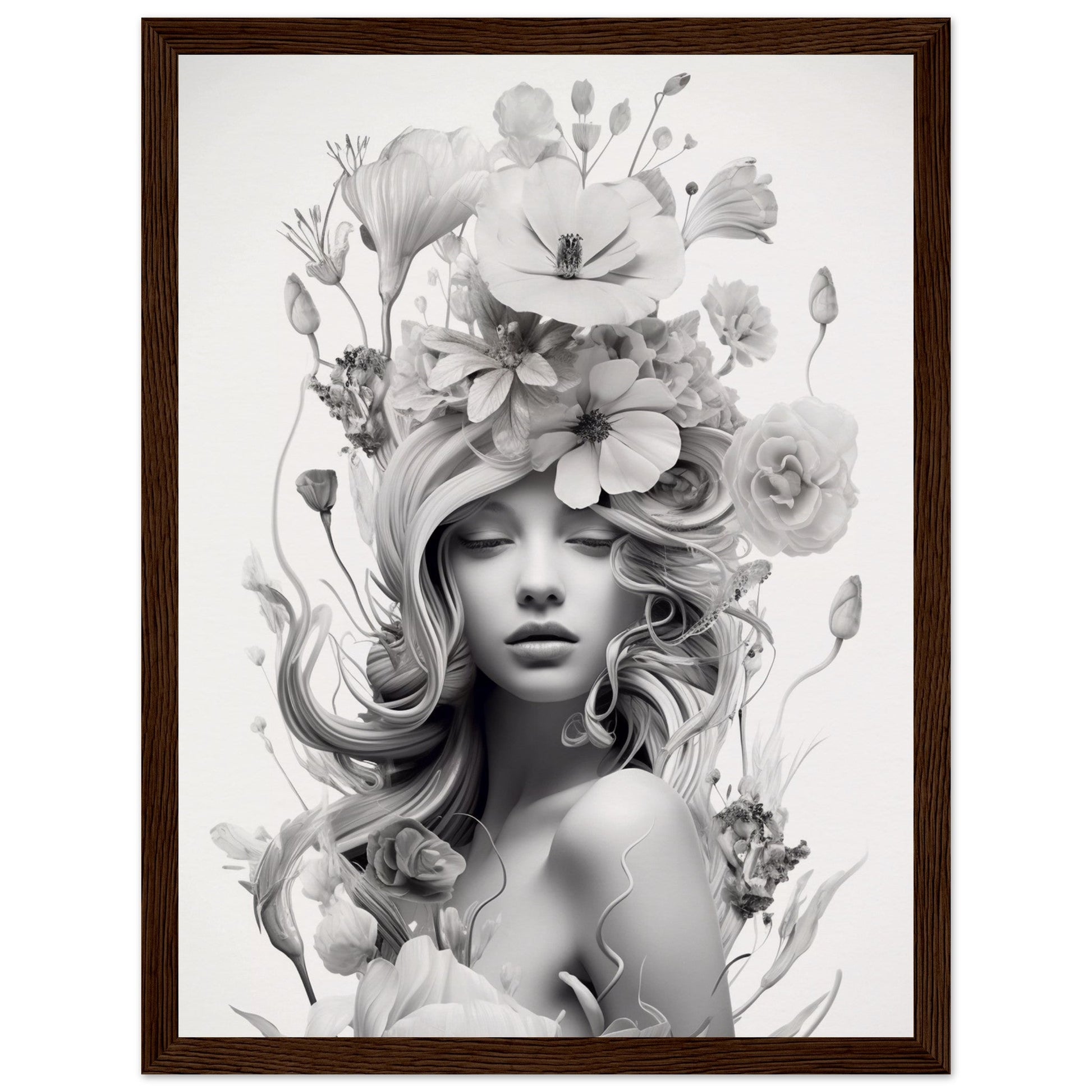 That feeling The Oracle Windows™ Collection is a high quality black and white image of a woman with flowers on her head.
