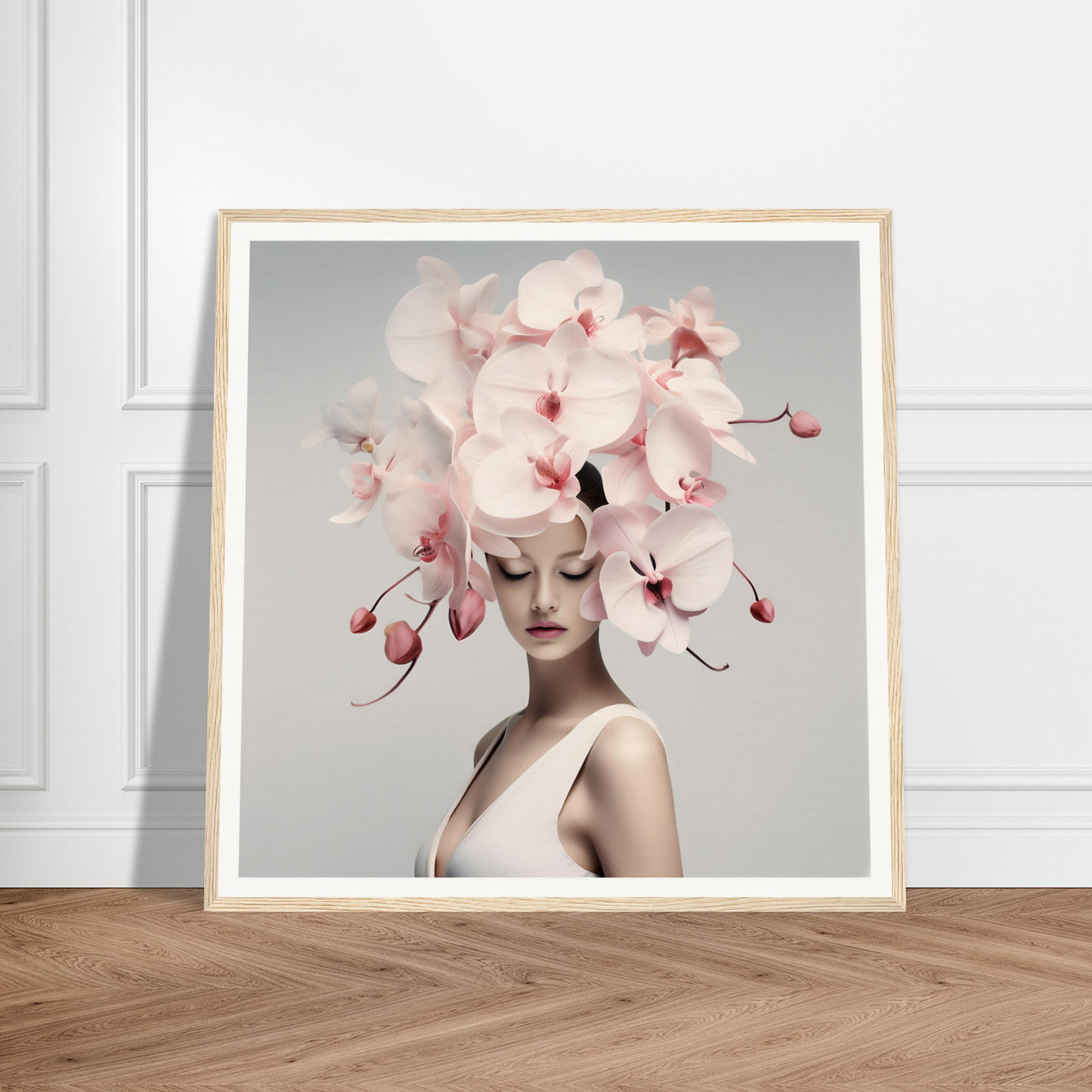 Framed portrait of a woman wearing an elaborate orchid headdress.