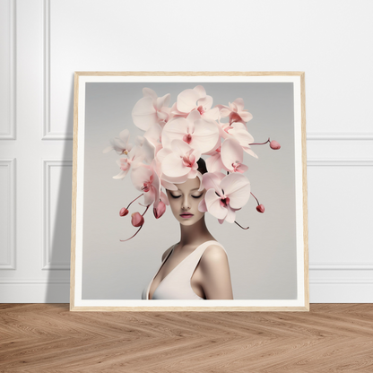 Framed portrait of a woman wearing an elaborate orchid headdress.