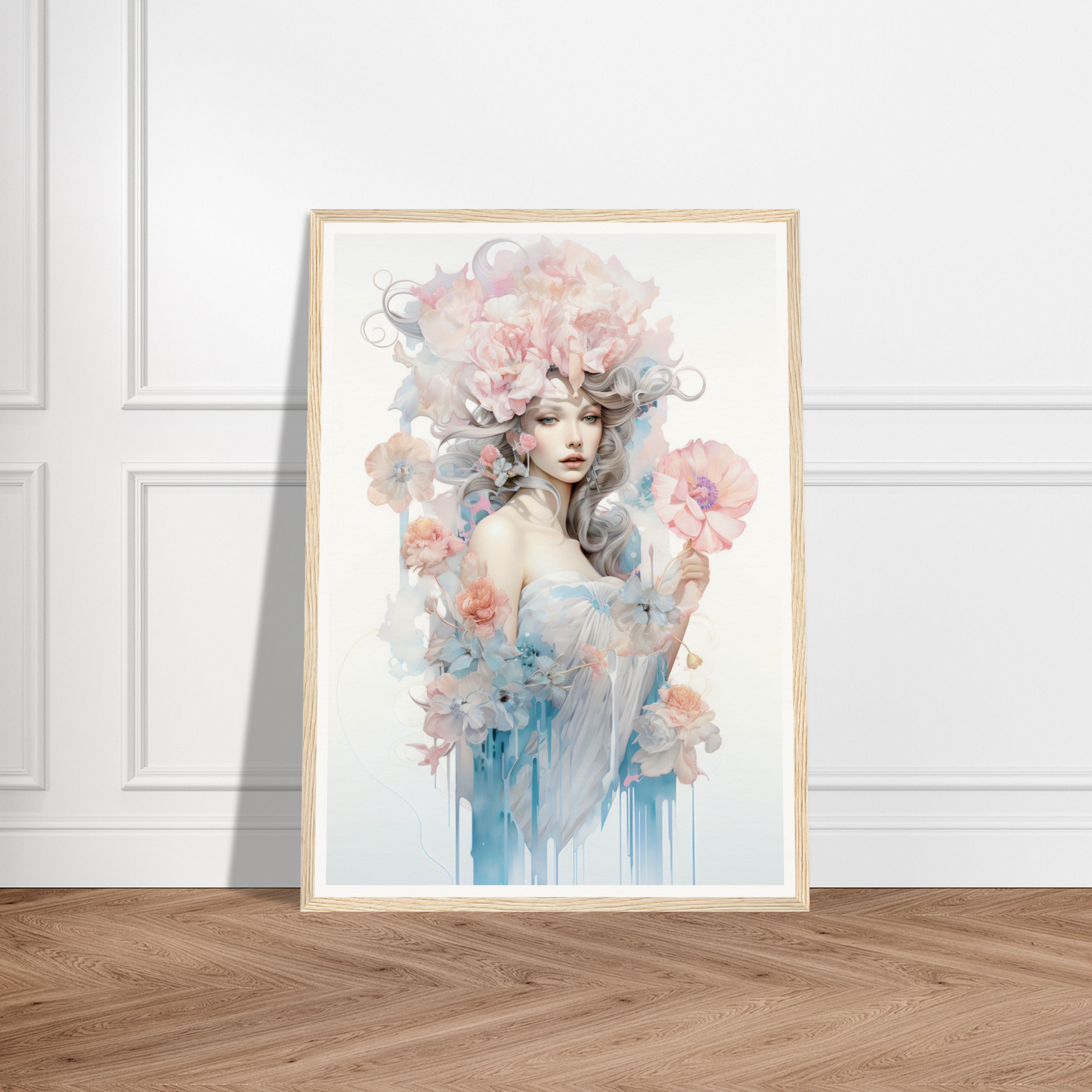 Framed watercolor painting of an ethereal feminine figure with flowing hair and floral elements.