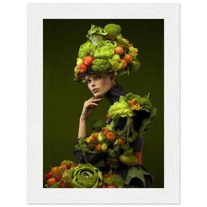 Artistic portrait featuring a person adorned with an elaborate headdress and outfit made entirely of fresh vegetables and fruits.