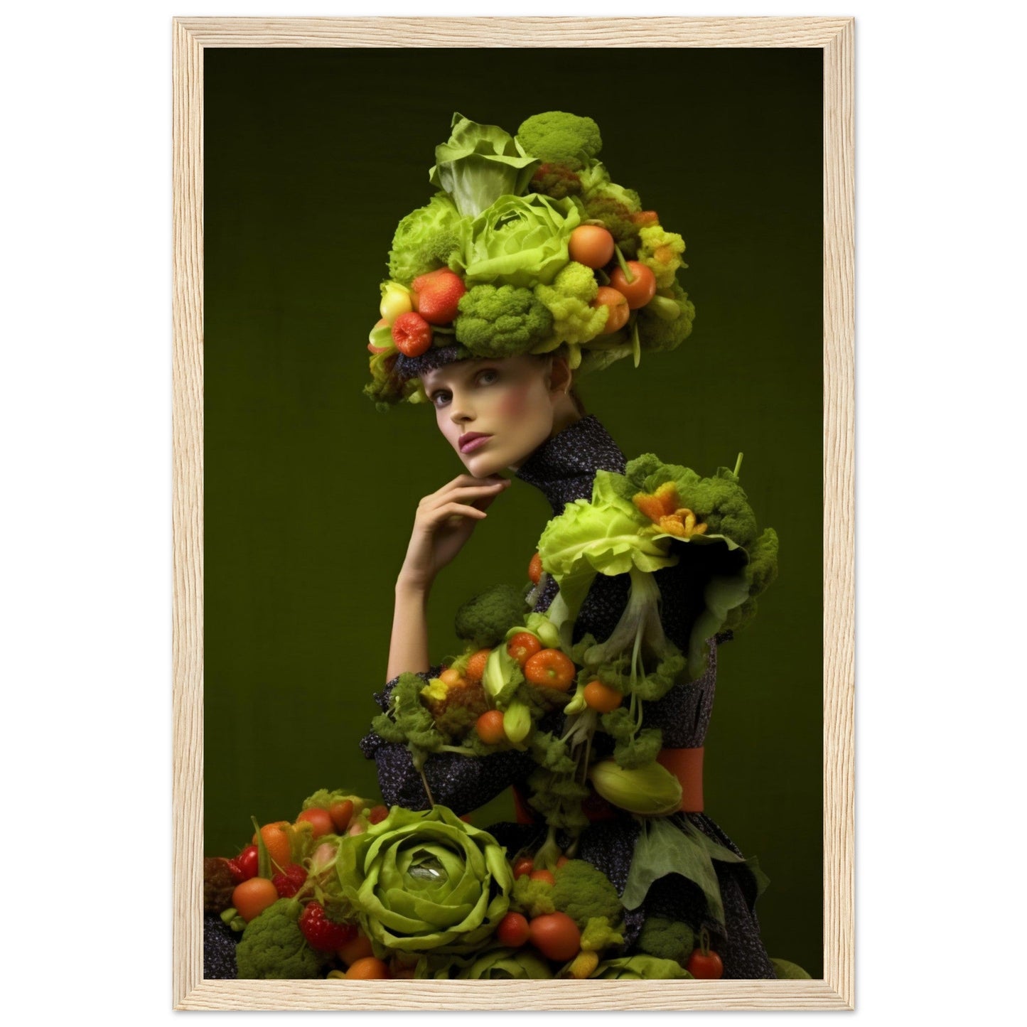 A woman in a green dress with vegetables on her head, creating High Fashion Arcimboldo The Oracle Windows™ Collection generated art.