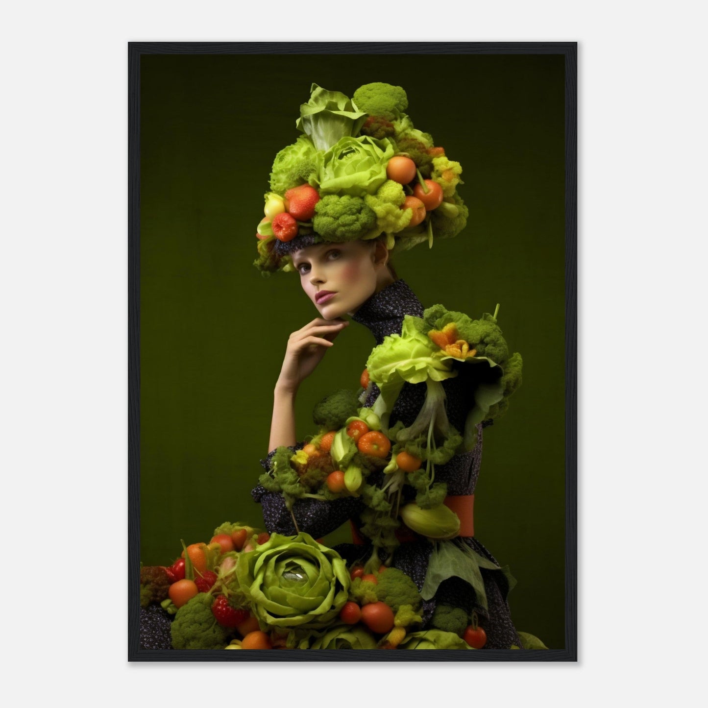 A woman in a green dress with vegetables on her head, creating High Fashion Arcimboldo The Oracle Windows™ Collection generated art.