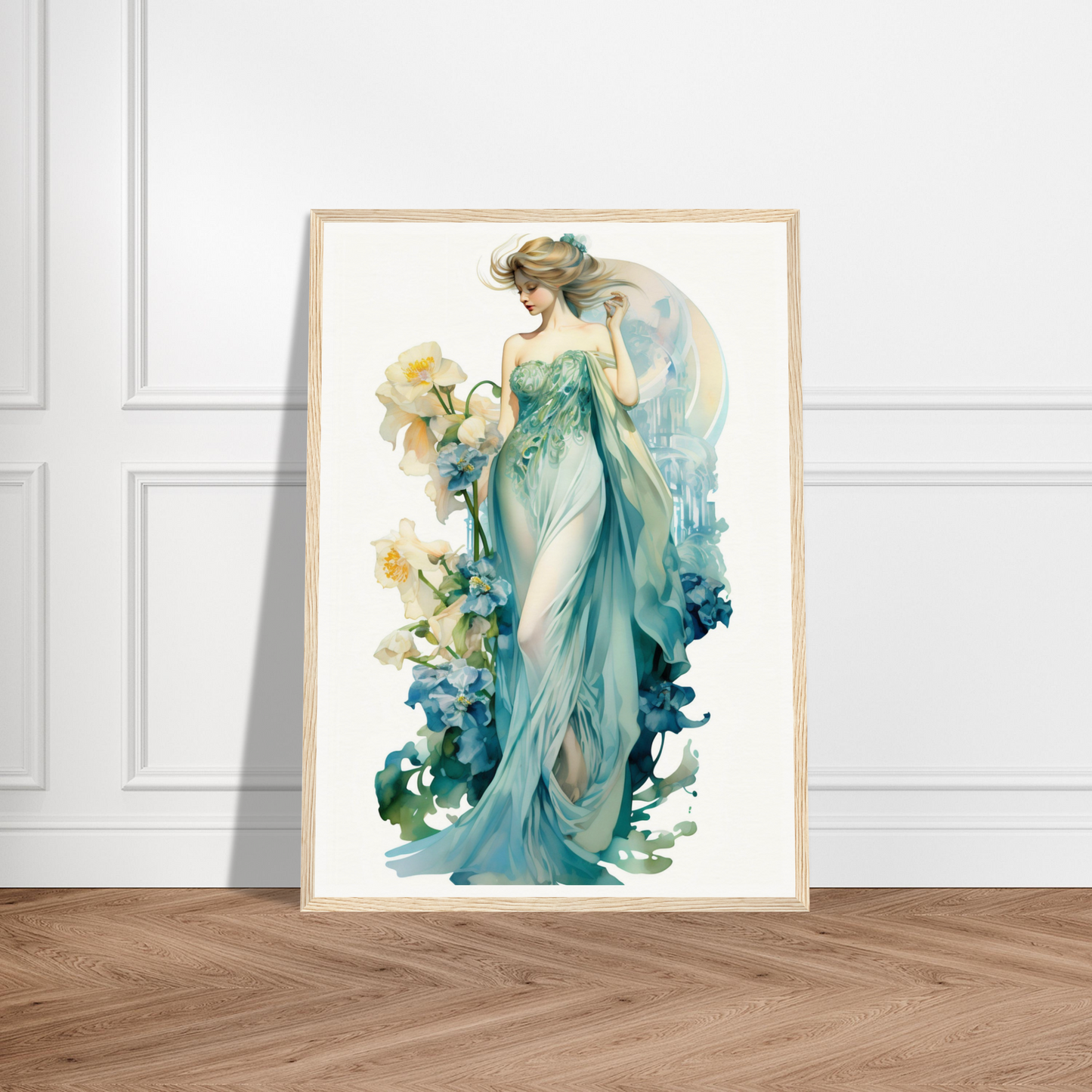 Watercolor painting of an elegant woman in a flowing teal gown surrounded by floral elements.