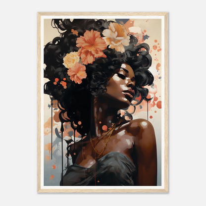 Portrait of a woman with flowers in her hair, painted in a stylized, ethereal manner.